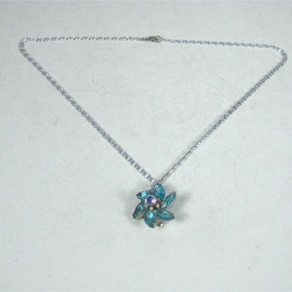 Upcycled Silver Tone Necklace Blue Rhinestone Flower Pendant 21 Chain
